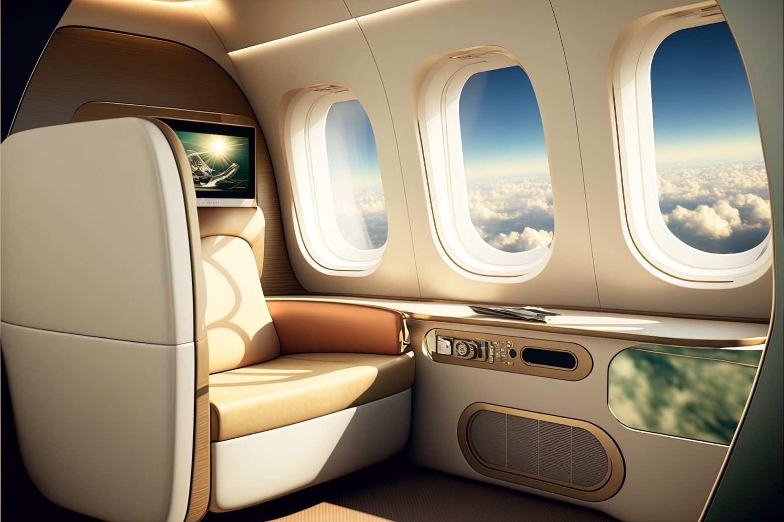 Luxurious first class airplane seat with lots of windows. Generative AI visualization of the VIP cabin of a business class aircraft