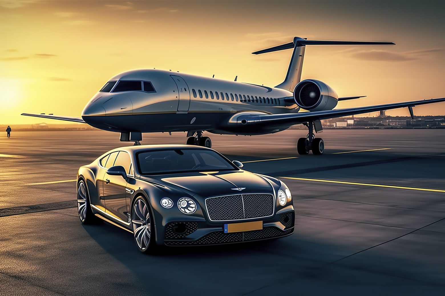 Super car and private jet on landing strip. Business class service at the airport. Business class transfer