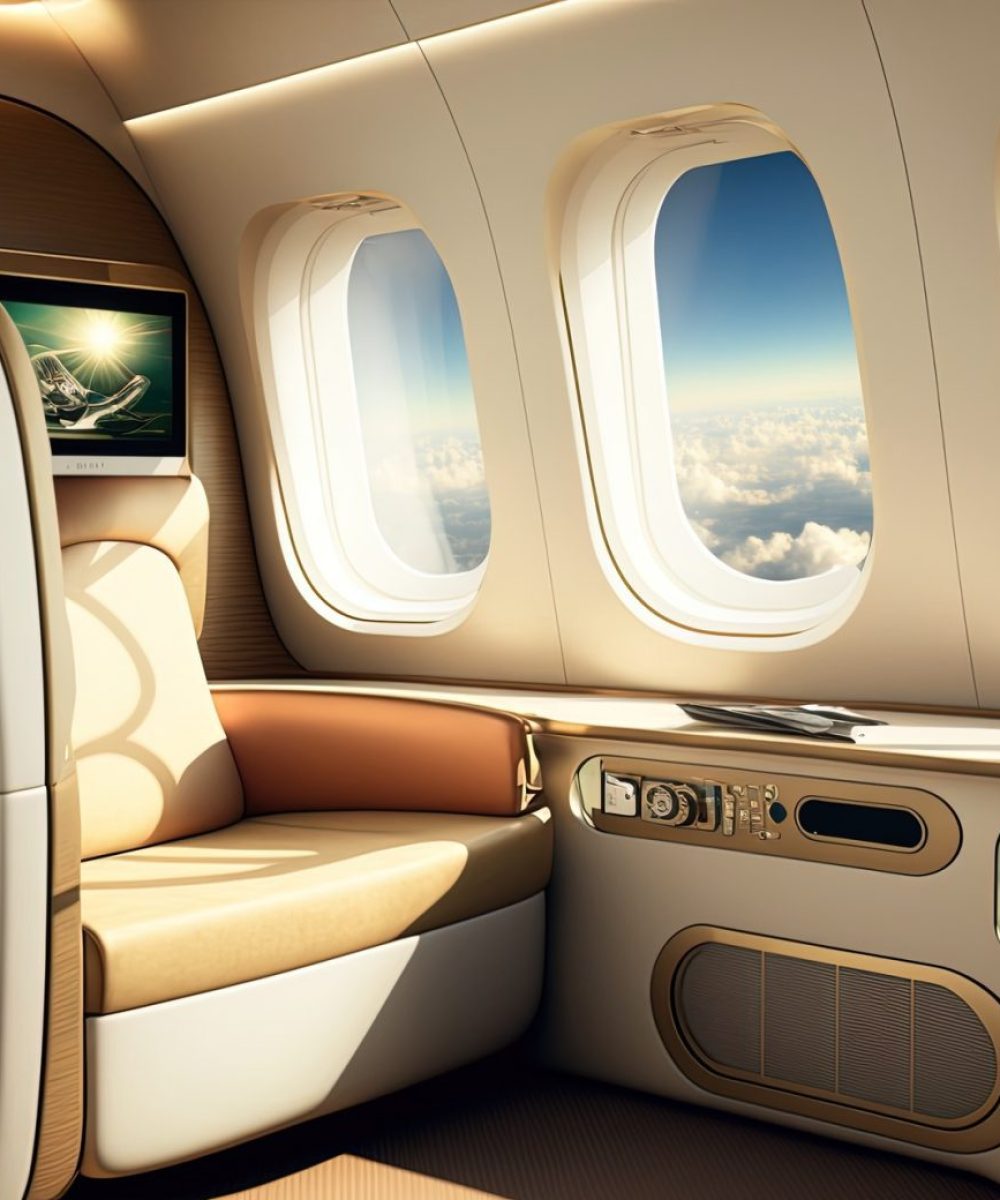 Luxurious first class airplane seat with lots of windows. Generative AI visualization of the VIP cabin of a business class aircraft. Interior of a Private Jet