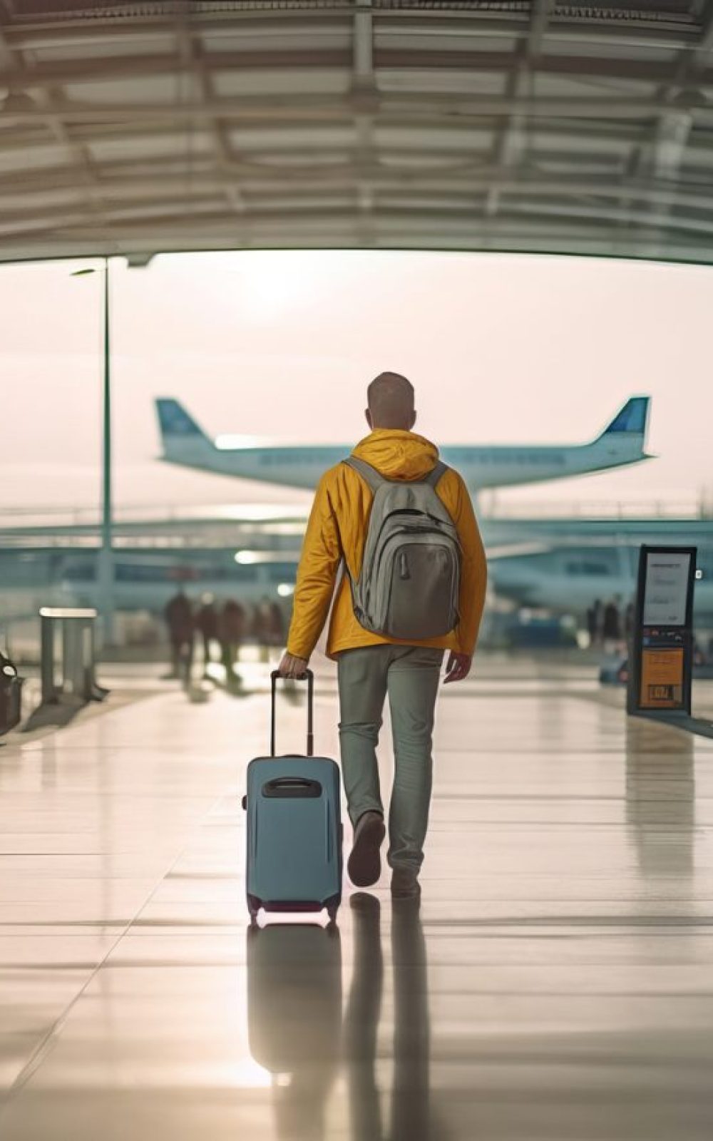 Man With Bag And Suitcase Walking In Airport. Illustration  Generative AI