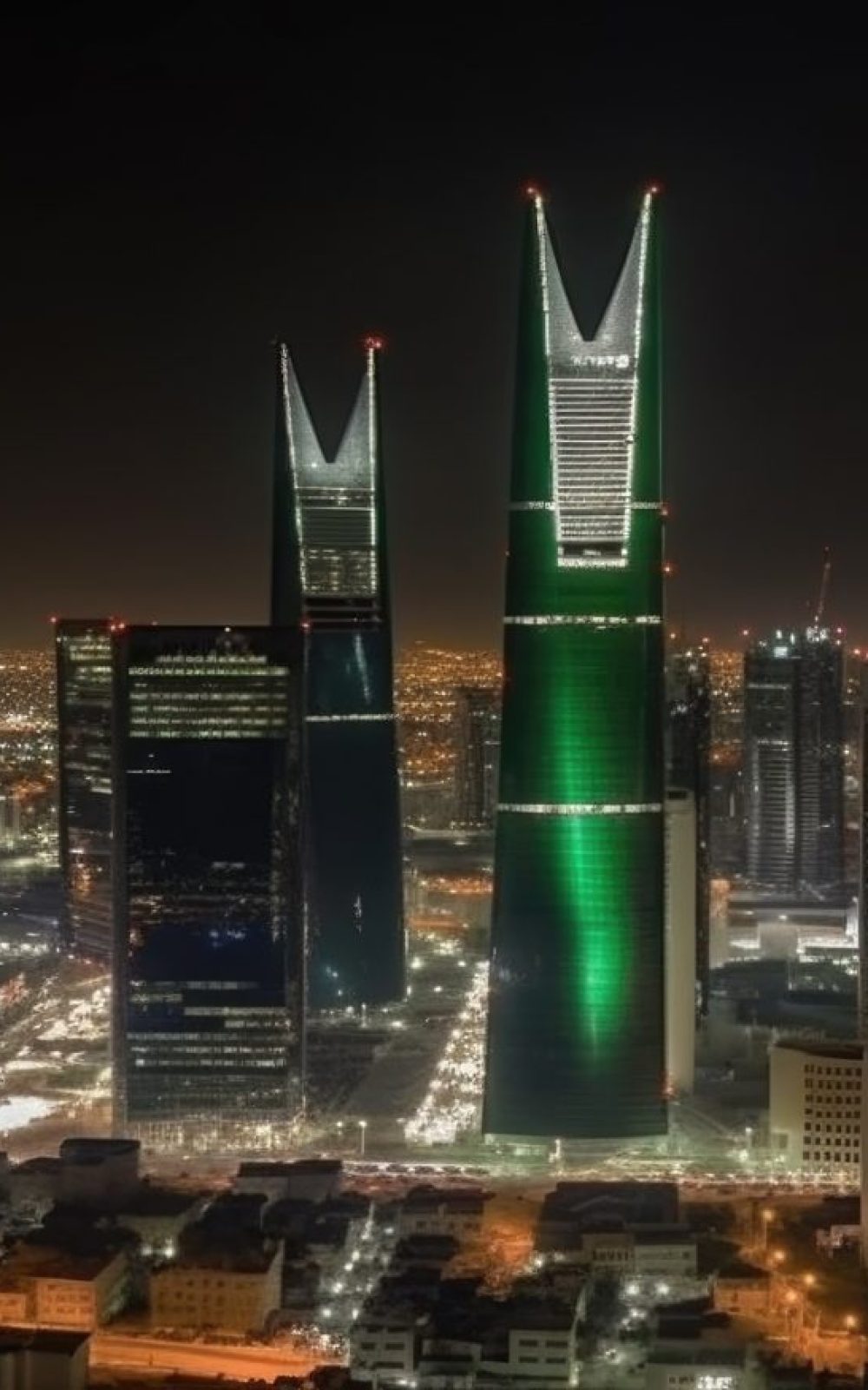 Panoramic Night City Shot of Riyadh Showing Skyline Landmarks, Office and Residential Buildings in South Arabia. Generative AI Technology.
